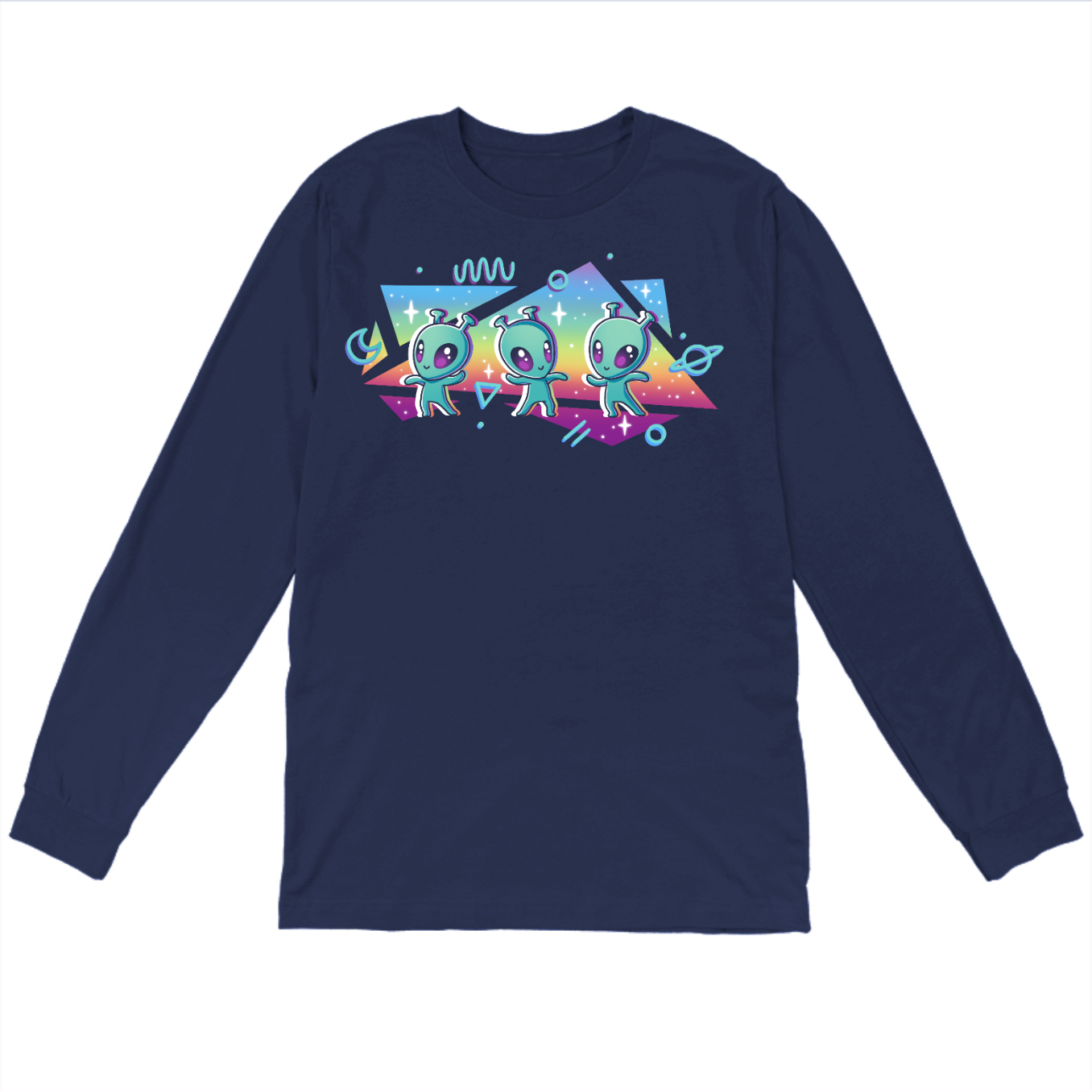Long Sleeve T-shirt_TeeTurtle navy "Interstellar Pride" Long Sleeve T-shirt featuring three cut aliens dancing in front of geometric shapes filled with a rainbow gradient