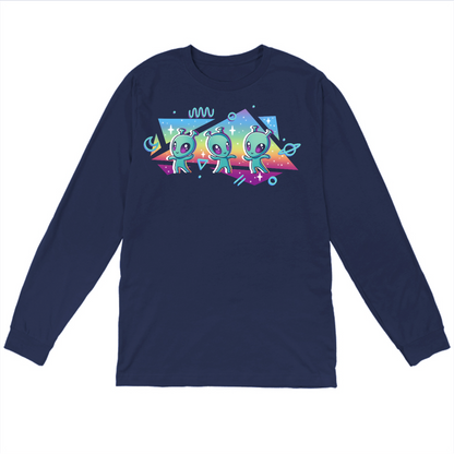 Long Sleeve T-shirt_TeeTurtle navy "Interstellar Pride" Long Sleeve T-shirt featuring three cut aliens dancing in front of geometric shapes filled with a rainbow gradient