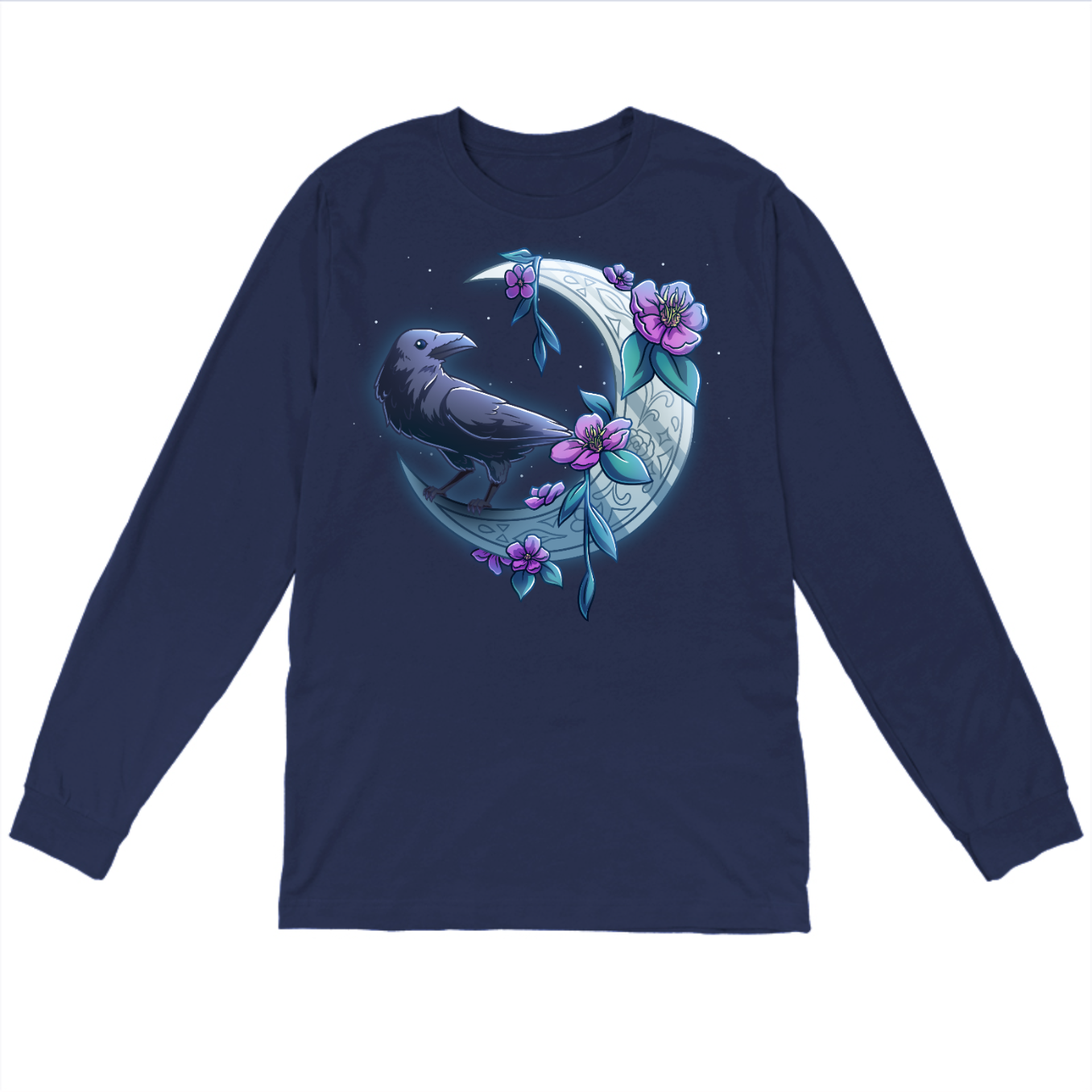 Long Sleeve T-shirt_TeeTurtle navy blue Midnight Perch Long Sleeve T-shirt featuring a raven perched and glowing atop a fancy crescent moon with pink flowers and stars in the background