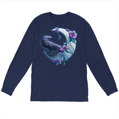 Long Sleeve T-shirt_TeeTurtle navy blue Midnight Perch Long Sleeve T-shirt featuring a raven perched and glowing atop a fancy crescent moon with pink flowers and stars in the background