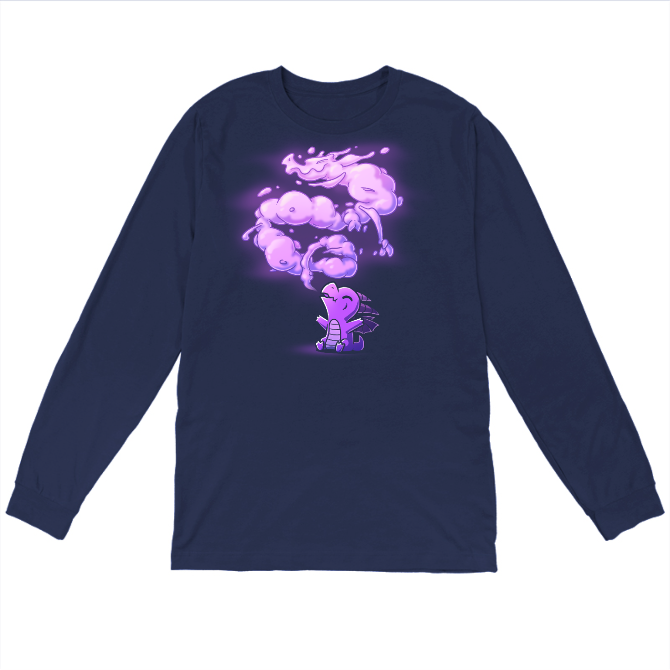 Long Sleeve T-shirt_TeeTurtle navy The Dragon Within Long Sleeve T-shirt featuring a purple baby dragon exhaling smoke that twists above them in the shape of a powerful adult dragon. 