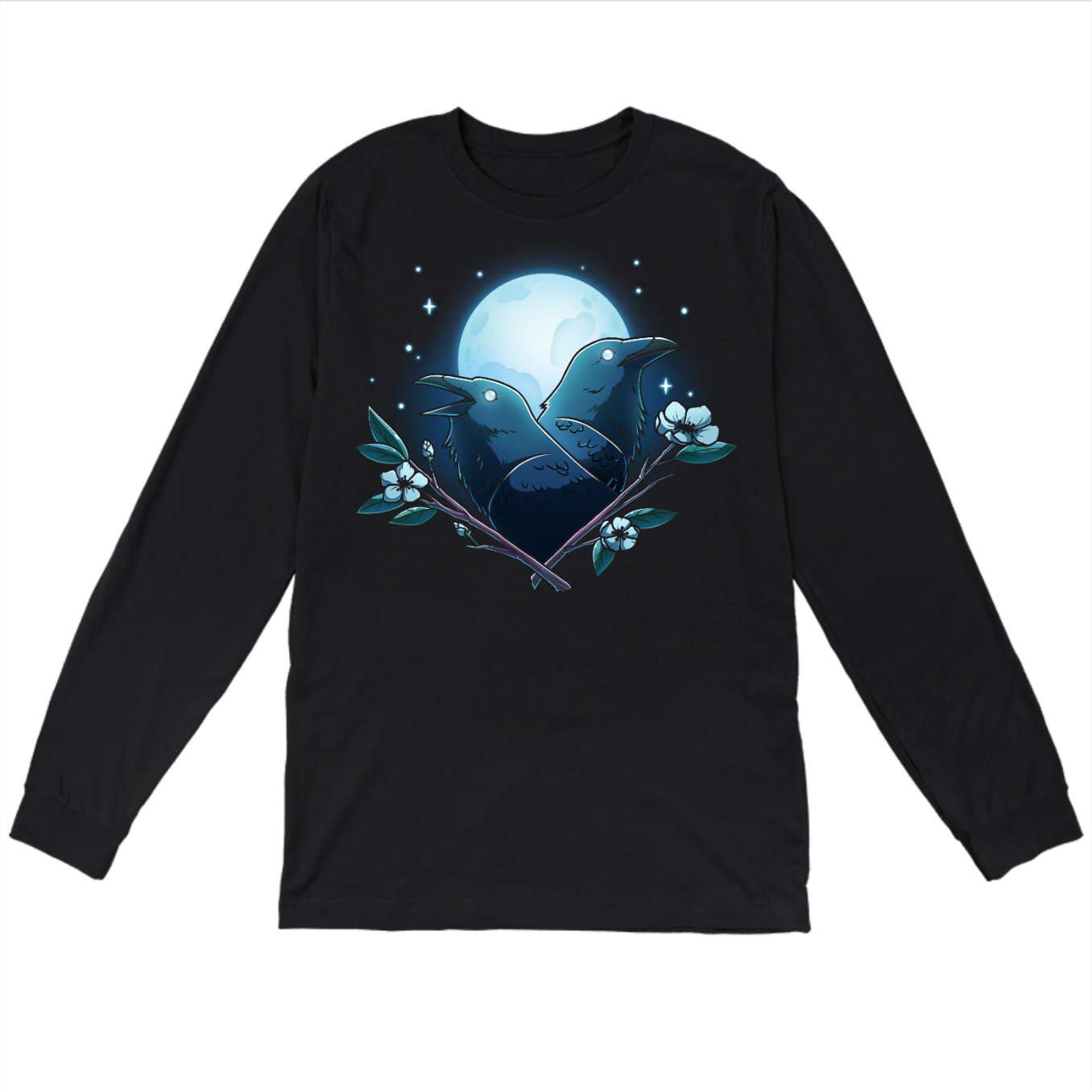 Long Sleeve T-shirt_TeeTurtle black Caw-smic Connection Long Sleeve T-shirt featuring two ravens, two floral branches and a glowing full moon in the background