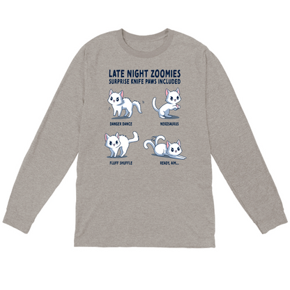 Long Sleeve T-shirt_TeeTurtle light gray Late Night Zoomies Long Sleeve T-shirt featuring four energetic white cats in different playful poses with the text "Late Night Zoomies, Surprise Knife Paws Included" and labels "Danger Dance," "Nekosaurus," "Fluff Shuffle," and "Ready, Aim..."
