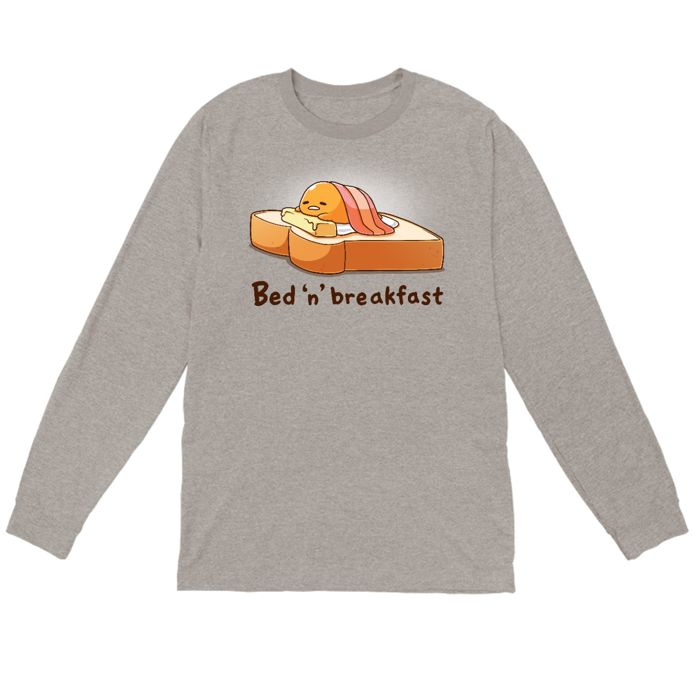Long Sleeve T-shirt_TeeTurtle heather gray Bed 'n' Breakfast (Gudetama) apparel featuring Gudetama using a piece of toast as a bed, a slice of butter as a pillow, and bacon as a blanket.