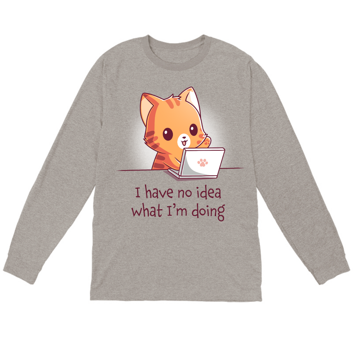 Long Sleeve T-shirt_TeeTurtle light gray I Have No Idea What I'm Doing (Cat) Long Sleeve T-shirt featuring a cheerful orange tabby cat sitting behind a laptop with one paw raised and the text "I have no idea what I'm doing."