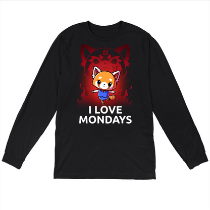 Long Sleeve T-shirt_TeeTurtle black I Love Mondays apparel featuring Retsuko in a happy pose with a red enraged spirit projection of her in the background, and the caption, “I Love Mondays“.