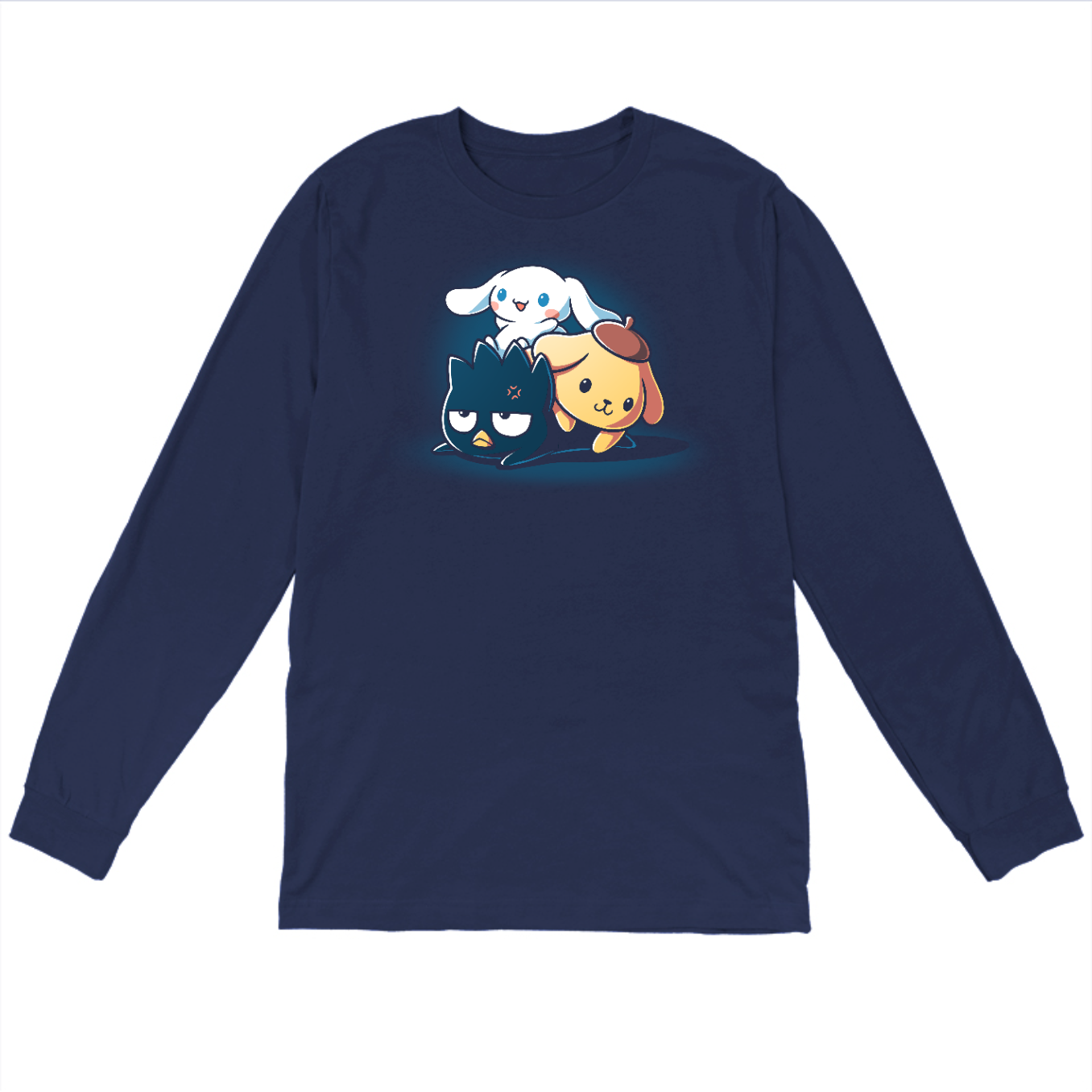 Long Sleeve T-shirt_TeeTurtle Cinnamoroll, Badtz-Maru, and Pompompurin navy blue t-shirt featuring the characters stacked on top of each other with Cinnamoroll on top, Pompompurin in the middle, and Badtz-Maru on the bottom looking unamused.