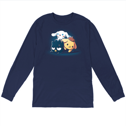 Long Sleeve T-shirt_TeeTurtle Cinnamoroll, Badtz-Maru, and Pompompurin navy blue t-shirt featuring the characters stacked on top of each other with Cinnamoroll on top, Pompompurin in the middle, and Badtz-Maru on the bottom looking unamused.