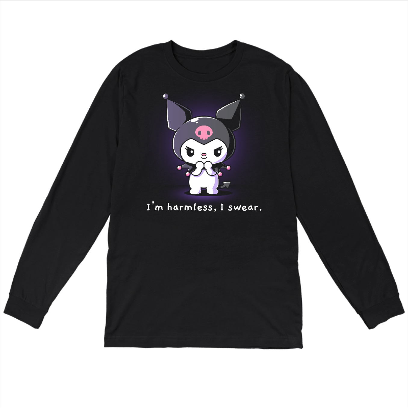 Long Sleeve T-shirt_TeeTurtle black I'm Harmless, I Swear apparel featuring Kuromi with a mischievous expression and her paws clasped together underneath her chin with the bottom caption, “I'm Harmless, I Swear.“.