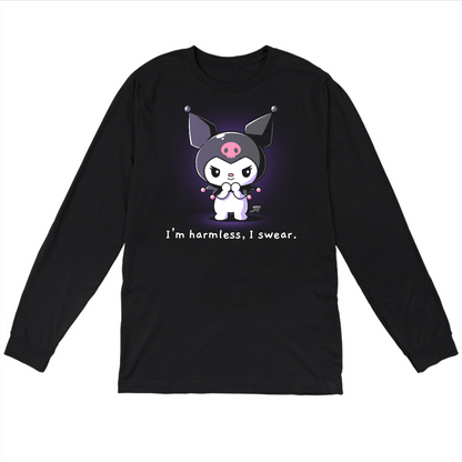 Long Sleeve T-shirt_TeeTurtle black I'm Harmless, I Swear apparel featuring Kuromi with a mischievous expression and her paws clasped together underneath her chin with the bottom caption, “I'm Harmless, I Swear.“.