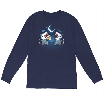 Long Sleeve T-shirt_TeeTurtle  navy blue AAAH Love You apparel featuring two an opossum handing flowers to another opossum exclaiming, "AAAH!" under a moonlit sky.