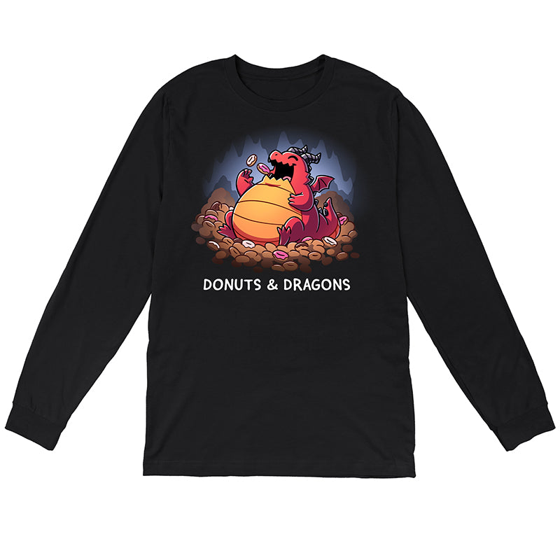 Long Sleeve T-shirt_TeeTurtle black Donuts & Dragons apparel featuring a rotund dragon eating donuts on a pile of donuts inside a cave.