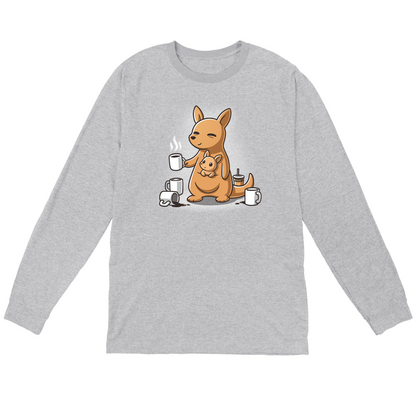 Long Sleeve T-shirt_TeeTurtle heather gray Mom’s Morning Coffee apparel featuring a kangaroo with its joey in its pouch, wherein the parent kangaroo is holding a cup of coffee and is surrounded by empty coffee cups.