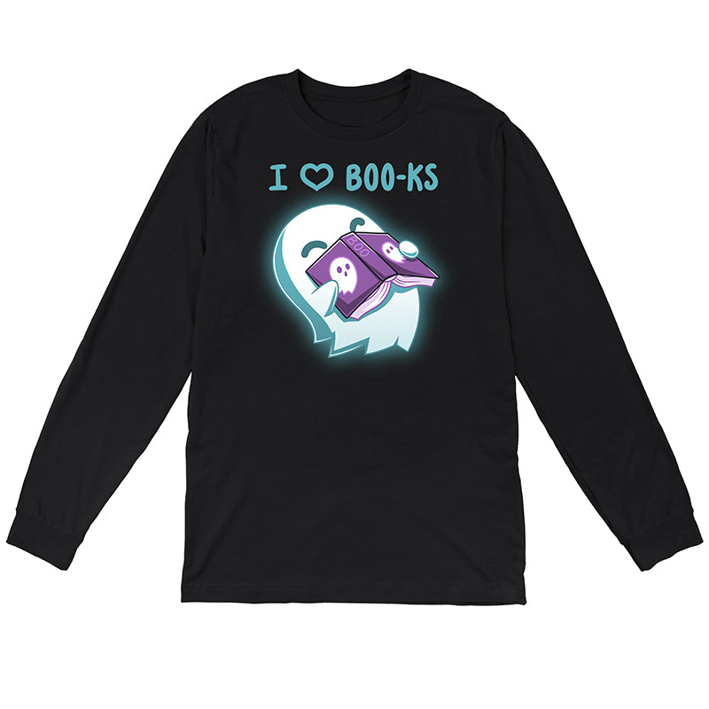 Long Sleeve T-shirt_TeeTurtle black I Heart Boo-ks apparel featuring a happy ghost inhaling the scent of a book with the caption, "I <3 Boo-ks".
