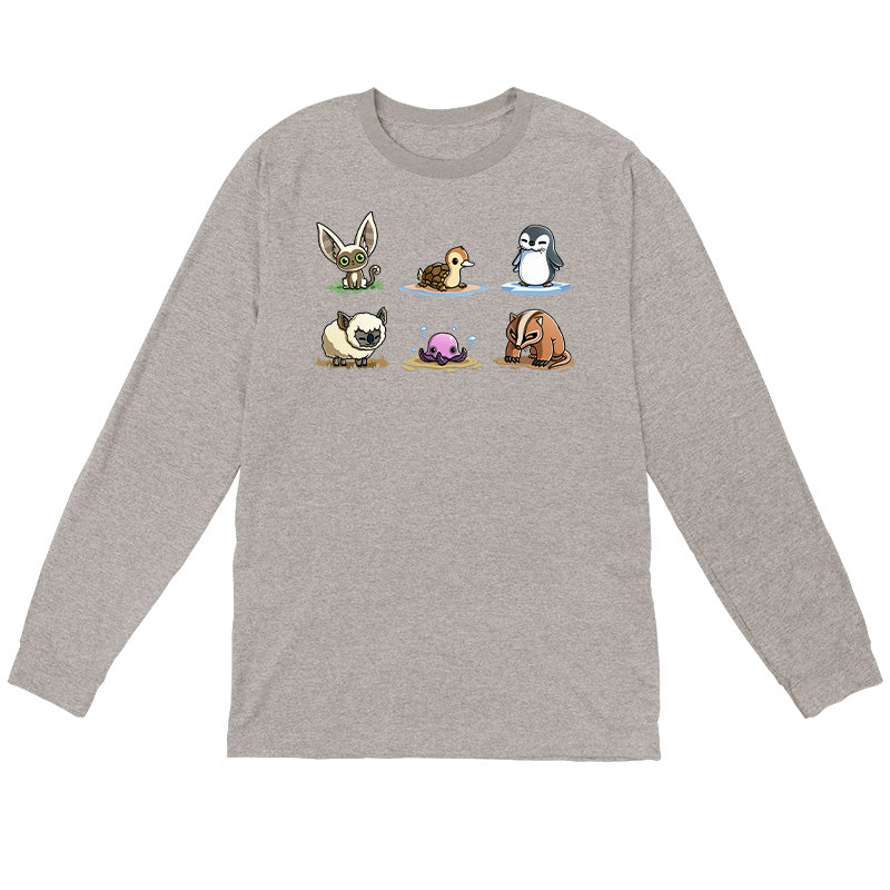 Long Sleeve T-shirt_TeeTurtle heather gray Avatar Animal Friends apparel featuring Momo, turtle duck, otter penguin, koala sheep, purple pentapus, and badgermole in a grid.