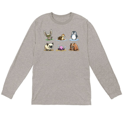 Long Sleeve T-shirt_TeeTurtle heather gray Avatar Animal Friends apparel featuring Momo, turtle duck, otter penguin, koala sheep, purple pentapus, and badgermole in a grid.