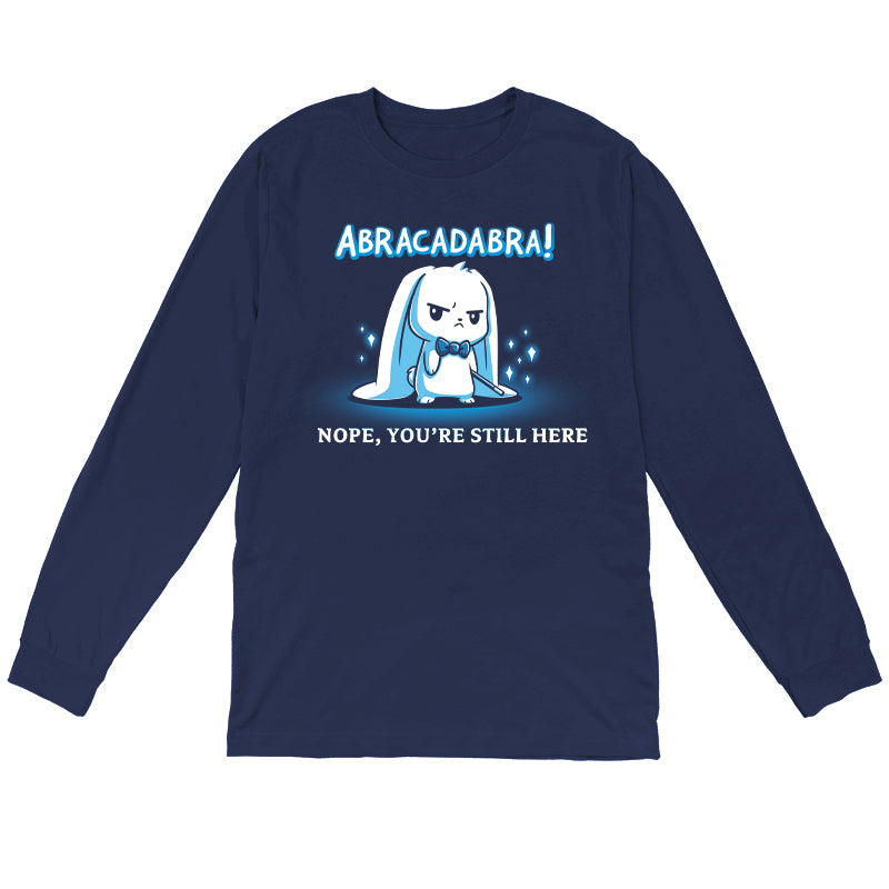 Long Sleeve T-shirt_TeeTurtle Abracadabra navy blue t-shirt featuring a serious-looking white rabbit wearing a bow tie and holding a magic wand 