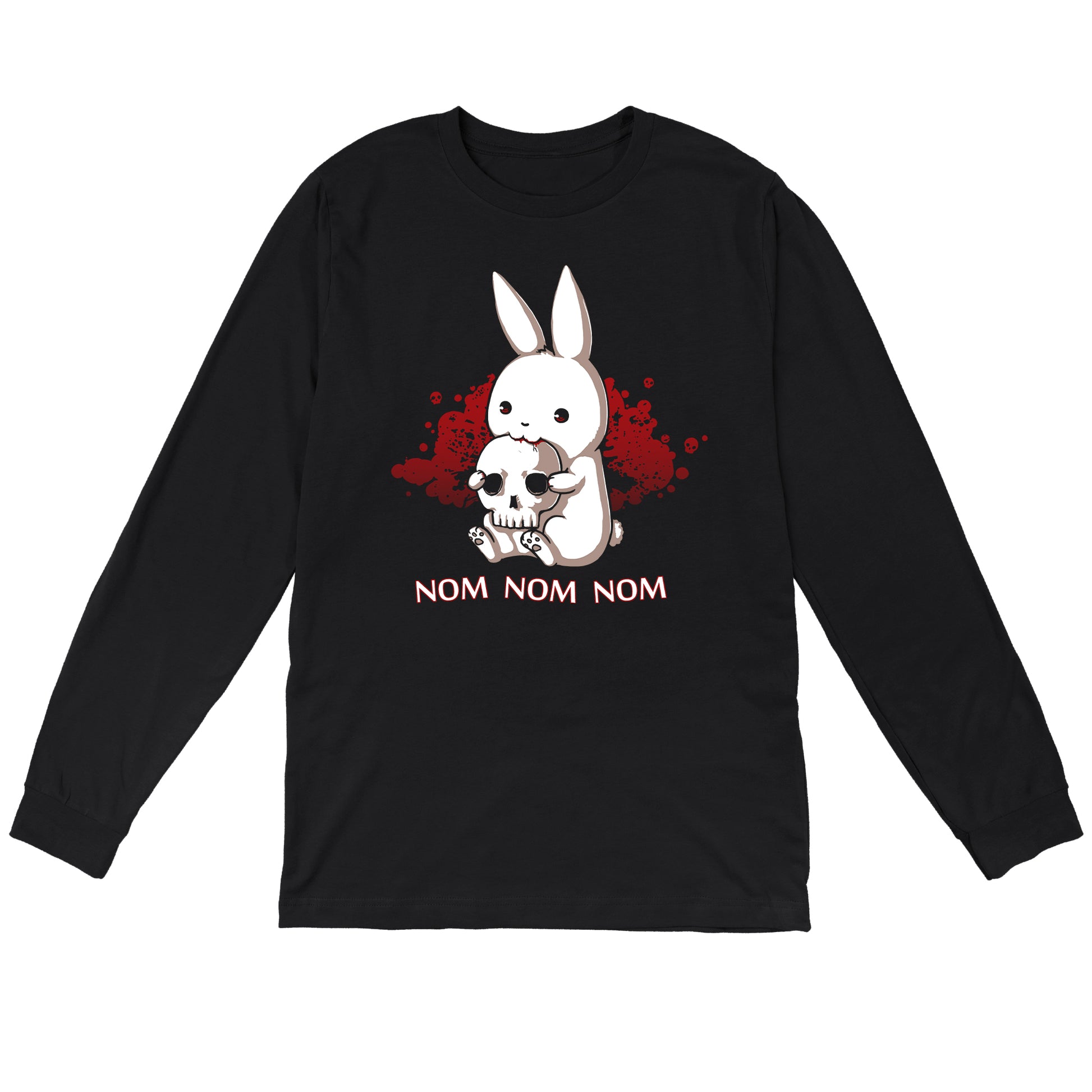 Long Sleeve T-shirt_TeeTurtle Adorable Monstrosity black t-shirt featuring an adorable bunny biting into a skull with the words "nom nom nom."