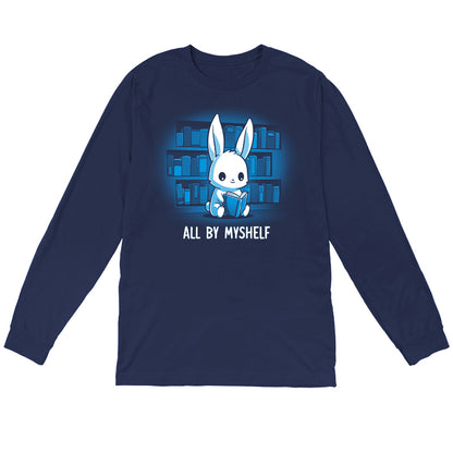 Long Sleeve T-shirt_TeeTurtle All By MyShelf navy blue t-shirt featuring a cute white rabbit sitting in front of bookshelves, reading a book, with the text "All By MyShelf" written below.