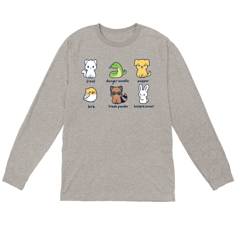 Long Sleeve T-shirt_Illustration of six quirky animals labeled with playful names: floof (cat), danger noodle (snake), pupper (dog), birb (bird), trash panda (raccoon), and booplesnoot (rabbit) on a super soft ringspun cotton Animal Names apparel by monsterdigital.