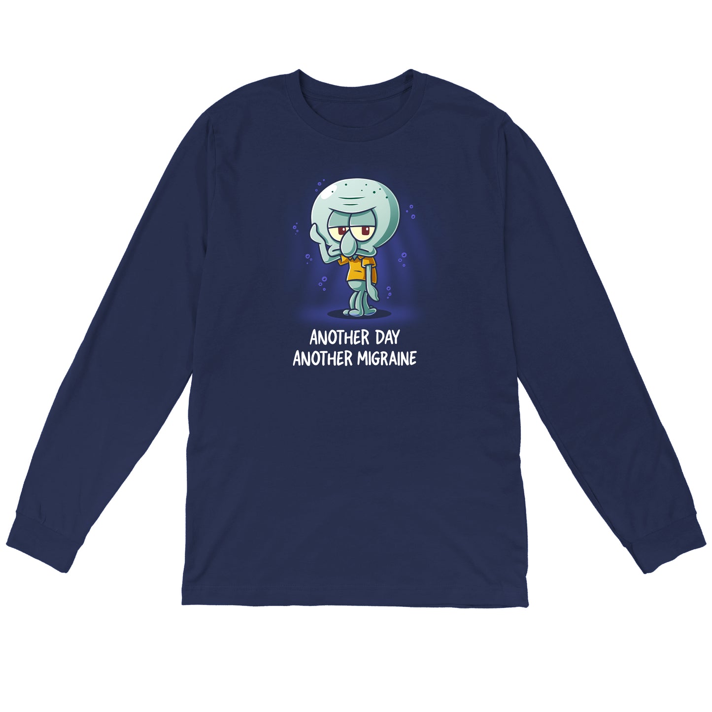 Long Sleeve T-shirt_TeeTurtle navy blue Another Day Another Migraine apparel featuring Squidward with a grumpy expression holding a tentacle to his forehead.