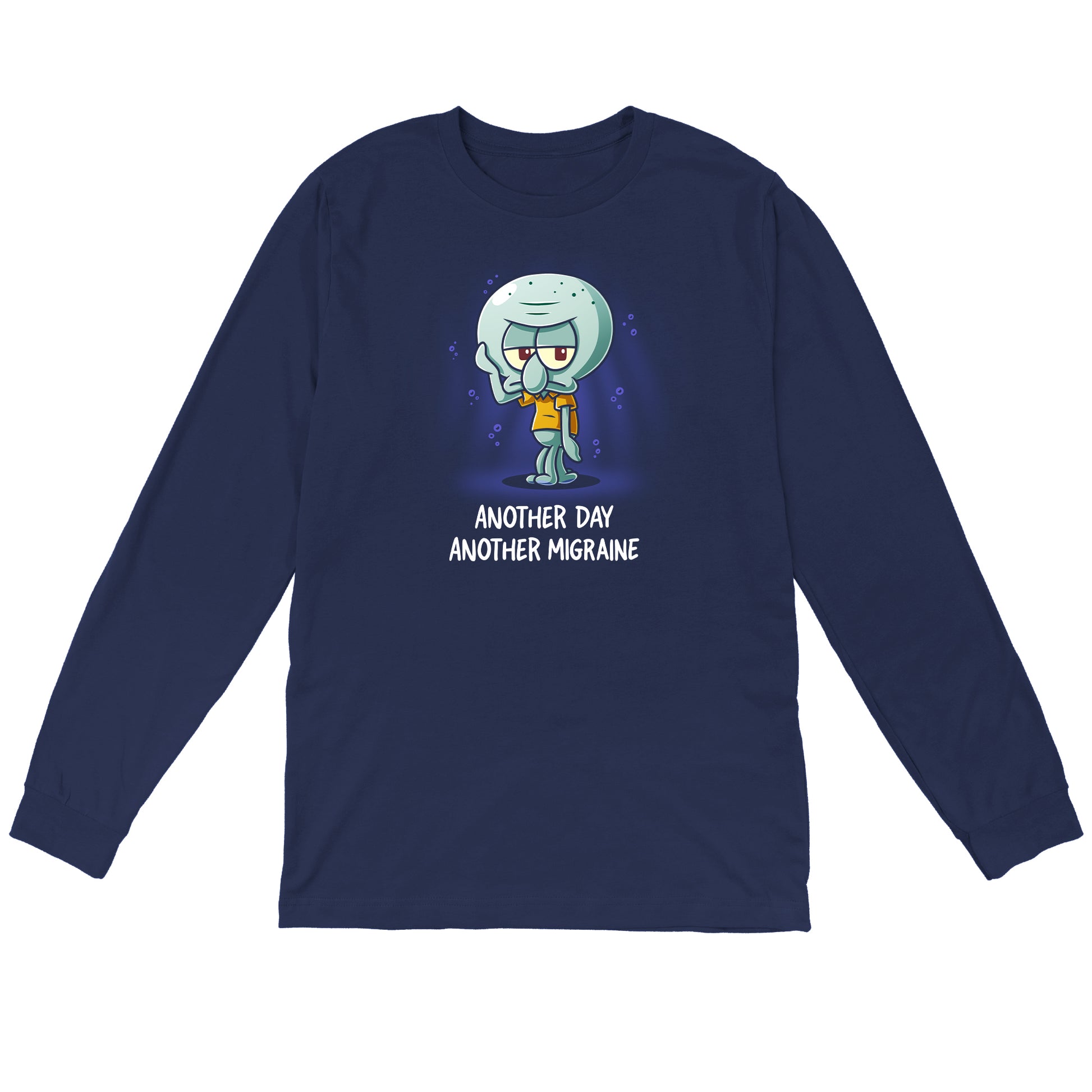 Long Sleeve T-shirt_TeeTurtle navy blue Another Day Another Migraine apparel featuring Squidward with a grumpy expression holding a tentacle to his forehead.