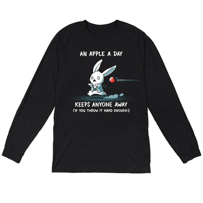 Long Sleeve T-shirt_TeeTurtle An Apple A Day Keeps Anyone Away black t-shirt featuring a rabbit, dressed in a doctor uniform, running away from a flying apple. Text above reads, "an apple a day keeps anyone away," and below, "(if you throw it hard enough)."