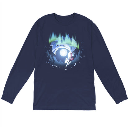 Long Sleeve T-shirt_TeeTurtle navy blue Aurora Kitsune apparel featuring a white kitsune running through the aurora borealis with snowy mountains and a full moon in the background.