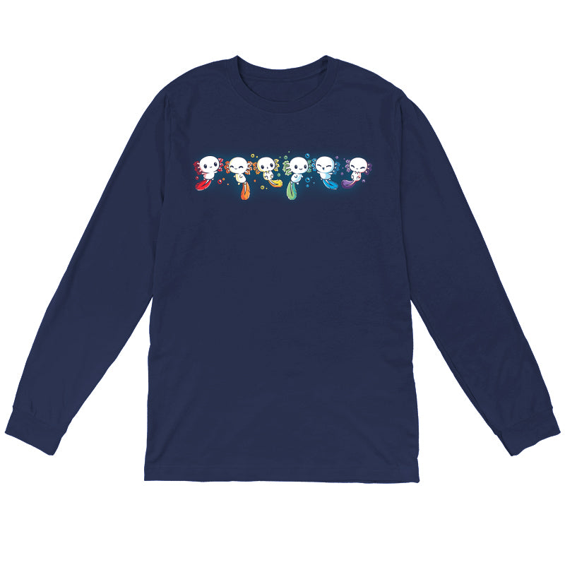 Long Sleeve T-shirt_TeeTurtle navy blue Axolotl Rainbow. Featuring a row of white axolotls with fins in a rainbow-colored sequence.