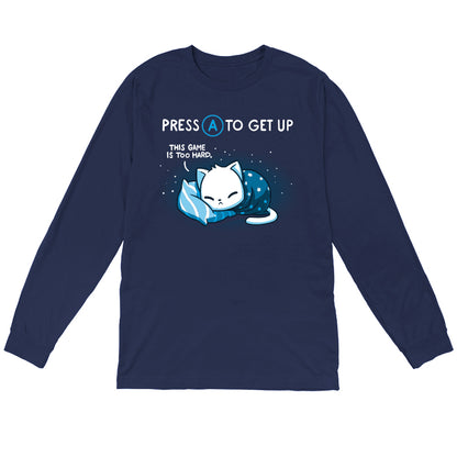 Long Sleeve T-shirt_TeeTurtle Bedtime Lag navy blue t-shirt featuring featuring a sleepy cat wrapped in a blanket laying on a pillow.