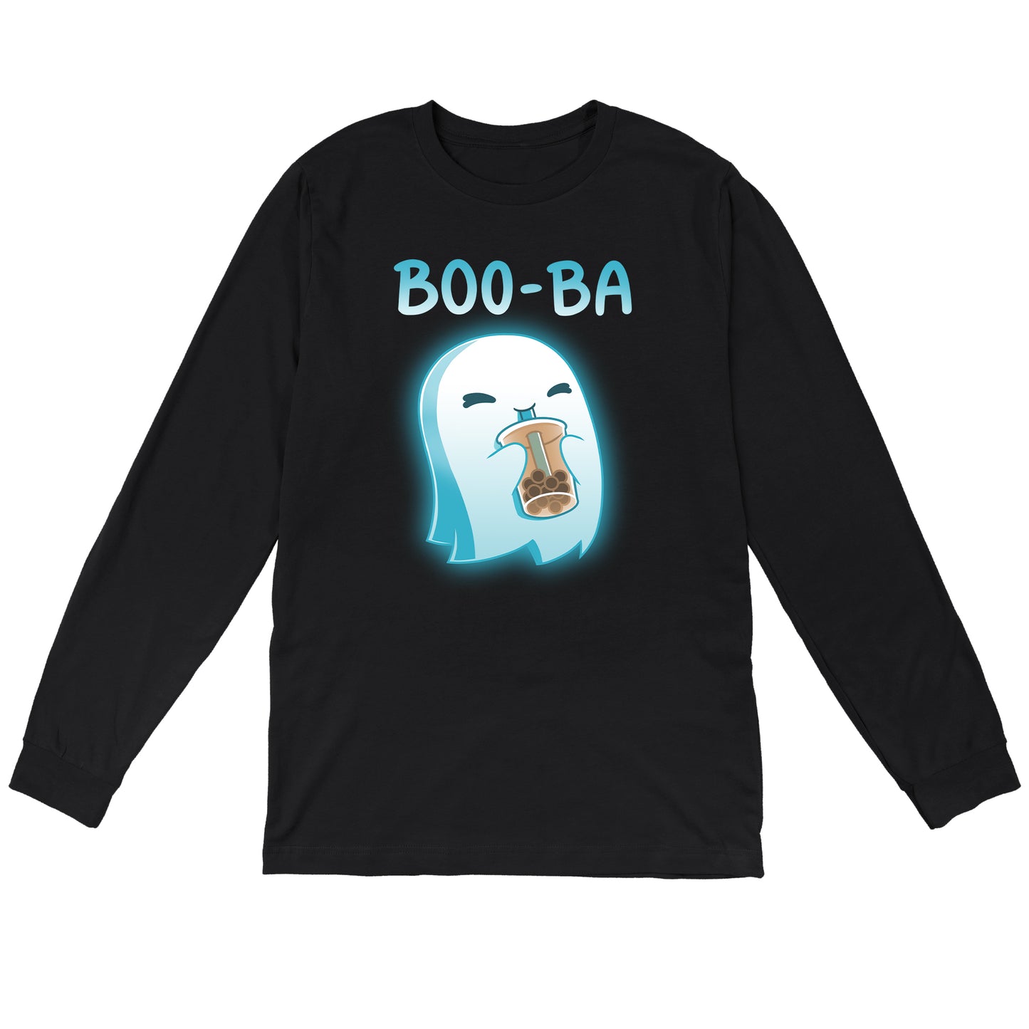 Long Sleeve T-shirt_TeeTurtle Boo-ba black t-shirt featuring a cheerful ghost sipping a boba drink.