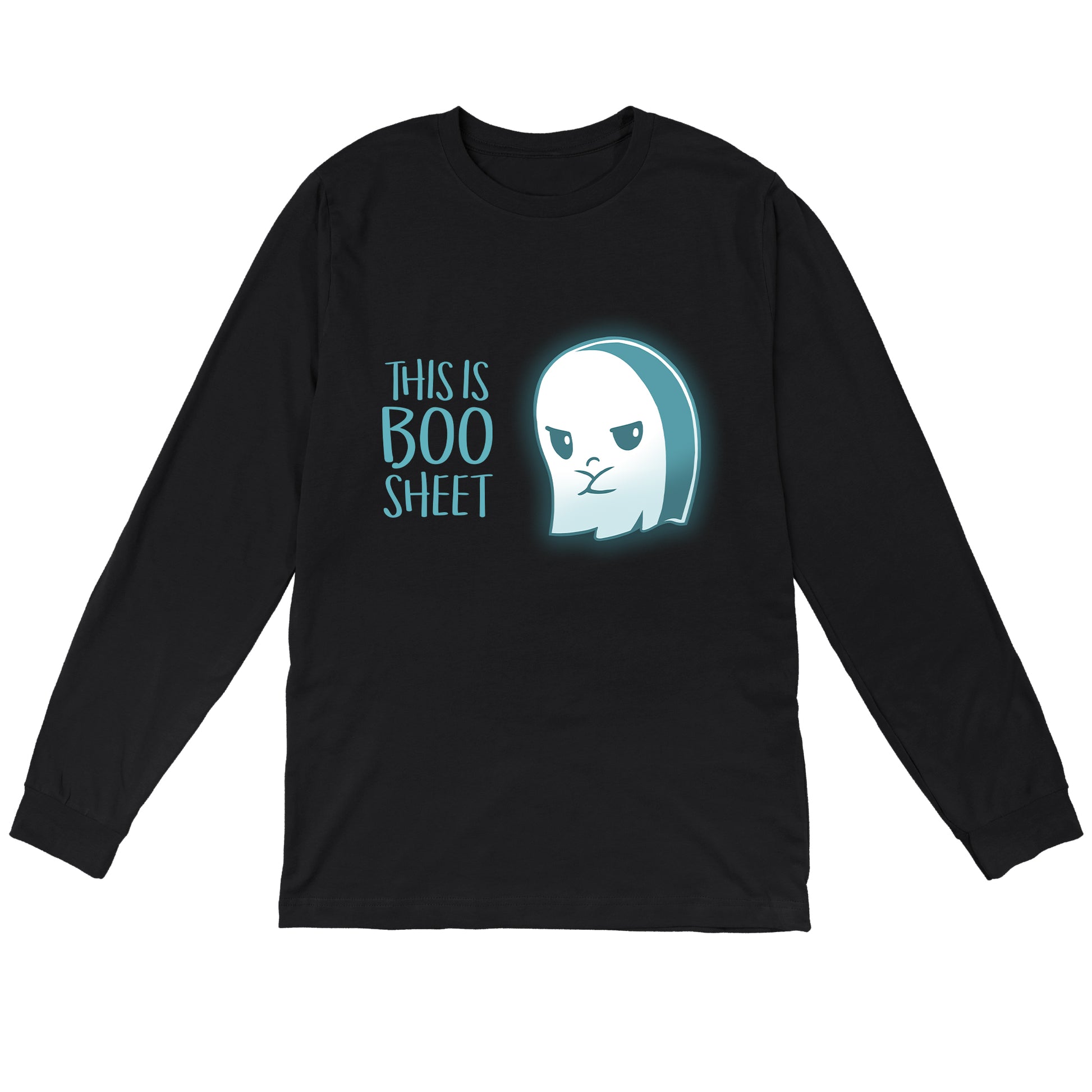 Long Sleeve T-shirt_TeeTurtle black Boo Sheet. Featuring a grumpy ghost saying, "This is Boo Sheet".