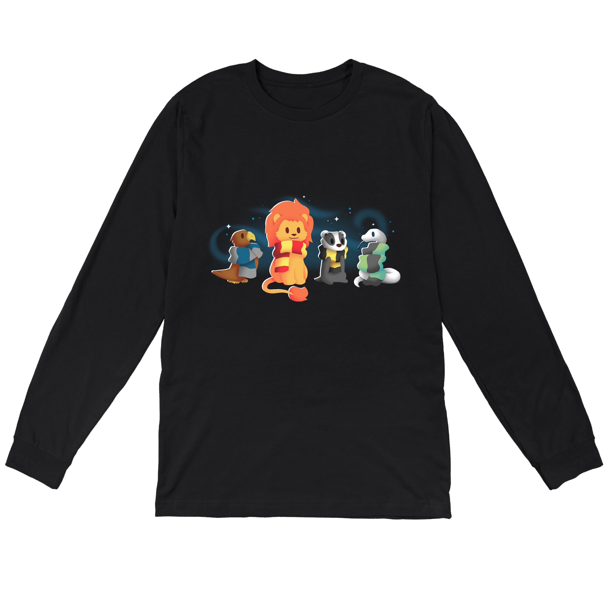 Long Sleeve T-shirt_TeeTurtle Brave, Loyal, Wise & Cunning black t-shirt featuring a fantasy bird, lion, badger and snake all wrapped in various striped scarves and surrounded by swirls of magic.