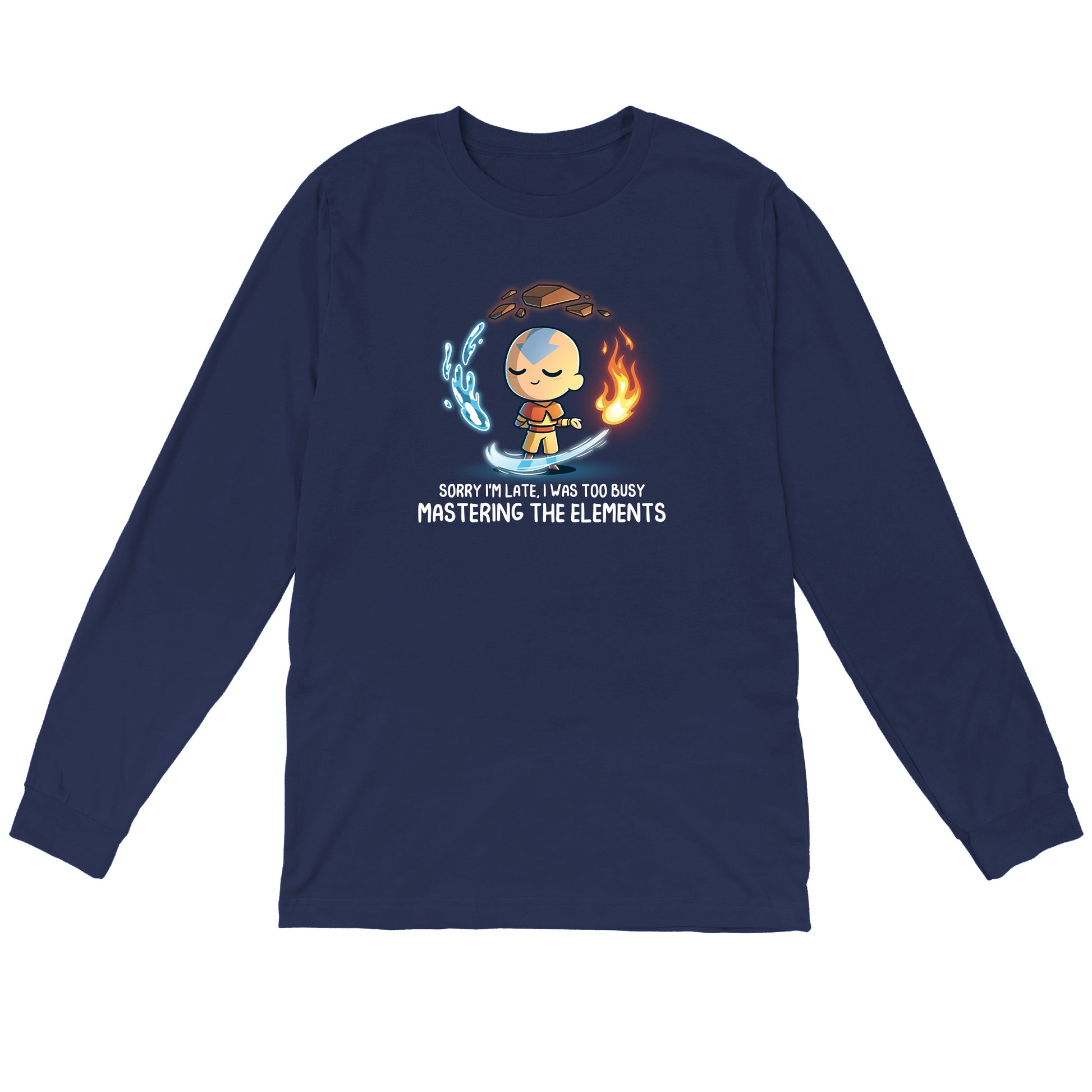 Long Sleeve T-shirt_TeeTurtle navy blue Busy Mastering The Elements apparel featuring Aang from Avatar: The Last Airbender surrounded by levitating water, earth, fire, and air.
