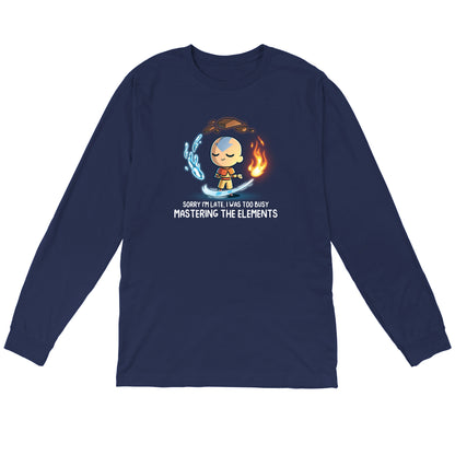 Long Sleeve T-shirt_TeeTurtle navy blue Busy Mastering The Elements apparel featuring Aang from Avatar: The Last Airbender surrounded by levitating water, earth, fire, and air.