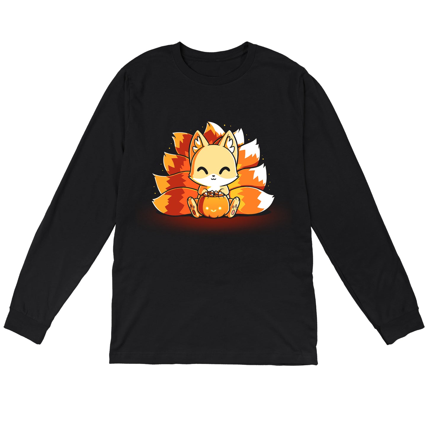 Long Sleeve T-shirt_TeeTurtle Candy Corn Kitsune black t-shirt featuring a happy kitsune holding a Halloween jack-o-lantern full of candy corn.