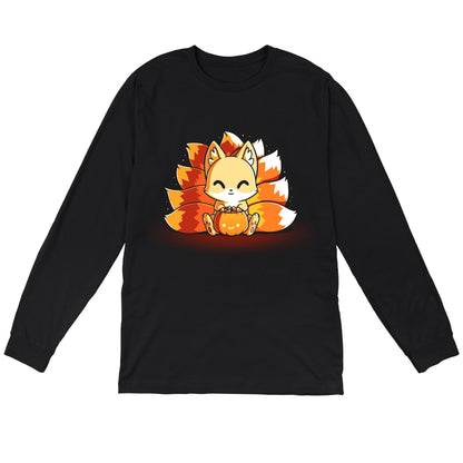 Long Sleeve T-shirt_TeeTurtle Candy Corn Kitsune black t-shirt featuring a happy kitsune holding a Halloween jack-o-lantern full of candy corn.