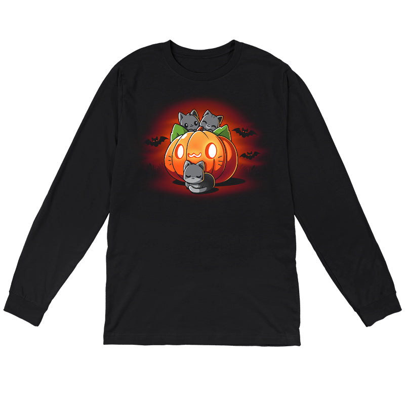 Long Sleeve T-shirt_TeeTurtle black Cat O'Lantern. Featuring a giant pumpkin jack-o-lantern with a cat face surrounded by cats.