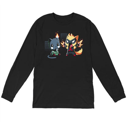 Long Sleeve T-shirt_TeeTurtle black Cat Fight featuring two cats in superhero costumes with one cat crying since its ear on fire, and the other cat powering up with a city in the background.