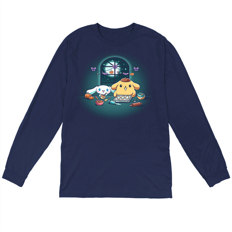Long Sleeve T-shirt_TeeTurtle navy blue Cinnamoroll and Pompompurin's Halloween Baking apparel featuring Cinnamoroll and Pompompurin baking ghost cookies with pumpkins and Halloween hanging decoration in the back on top of the window that looks out to the full moon and stars.