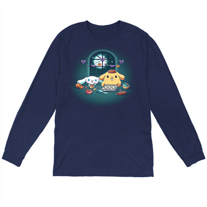 Long Sleeve T-shirt_TeeTurtle navy blue Cinnamoroll and Pompompurin's Halloween Baking apparel featuring Cinnamoroll and Pompompurin baking ghost cookies with pumpkins and Halloween hanging decoration in the back on top of the window that looks out to the full moon and stars.