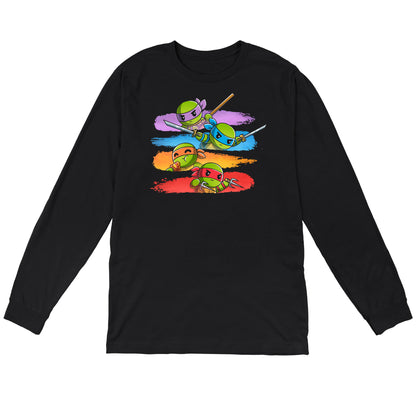 Long Sleeve T-shirt_TeeTurtle black Colorful Teenage Mutant Ninja Turtles apparel featuring Donatello, Leonardo, and Raphael wielding their respective weapons, and Michelangelo eating pizza with individual backgrounds of color-coordinated brush strokes.