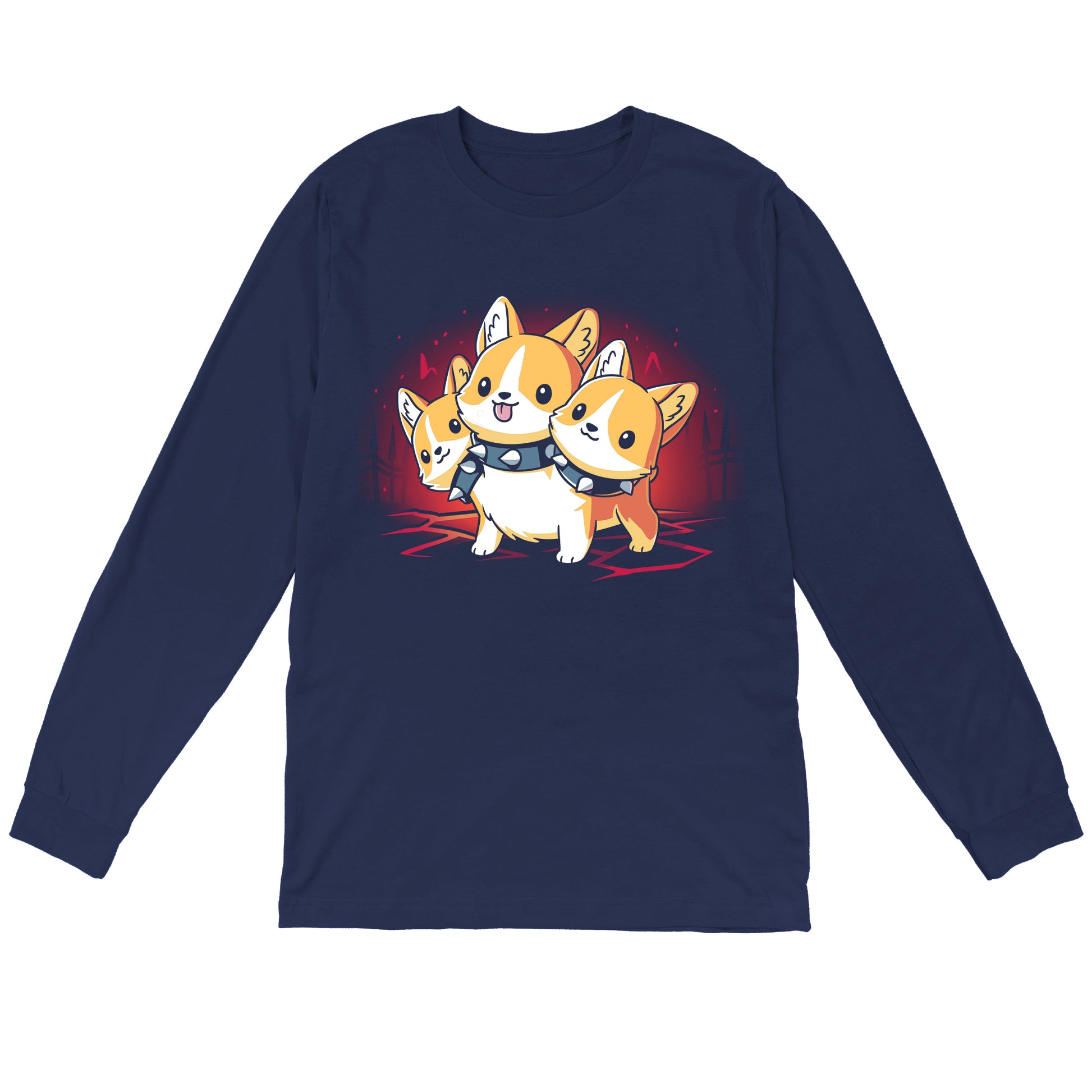 Long Sleeve T-shirt_TeeTurtle navy blue Corgi Cerberus. Featuring a corgi wearing a spiked collar with three heads.