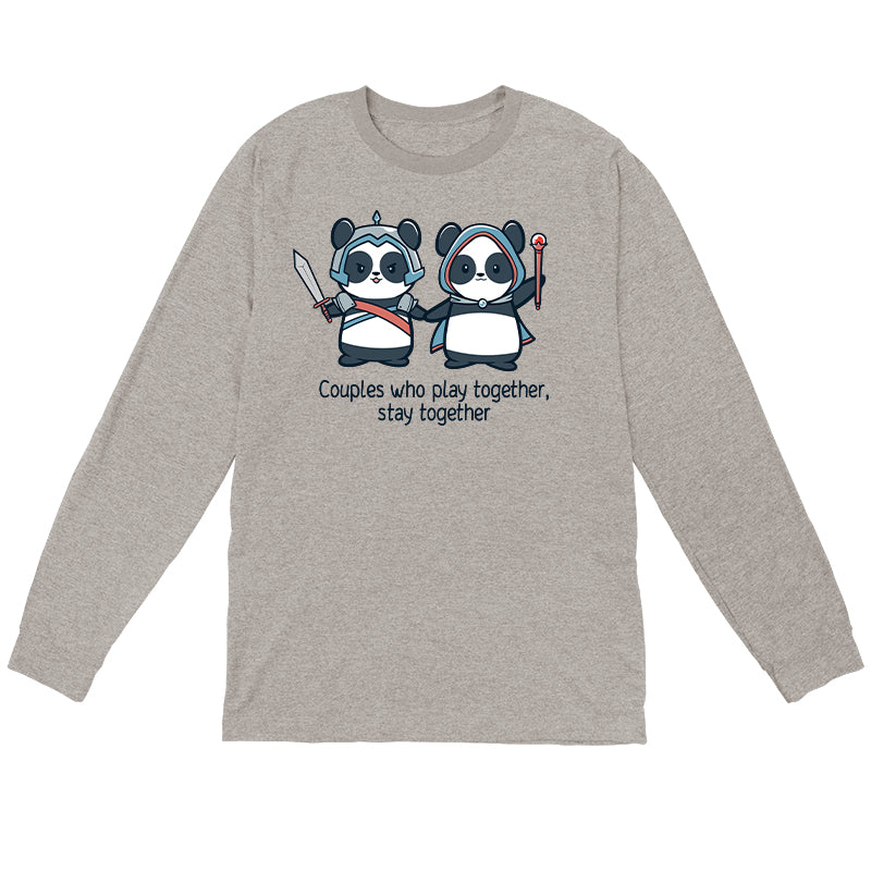 Long Sleeve T-shirt_TeeTurtle heather gray Couples Who Play Together Stay Together. Featuring a panda couple in fantasy outfits that stays together since they play together.