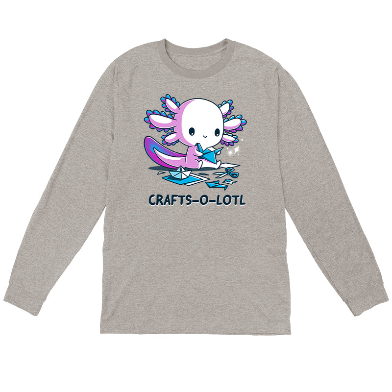 Long Sleeve T-shirt_TeeTurtle Crafts-O-Lotl Silver Gray t-shirt featuring a cute axolotl making origami crafts, surrounded by paper and completed pieces. Text below reads "CRAFTS-O-LOTL"