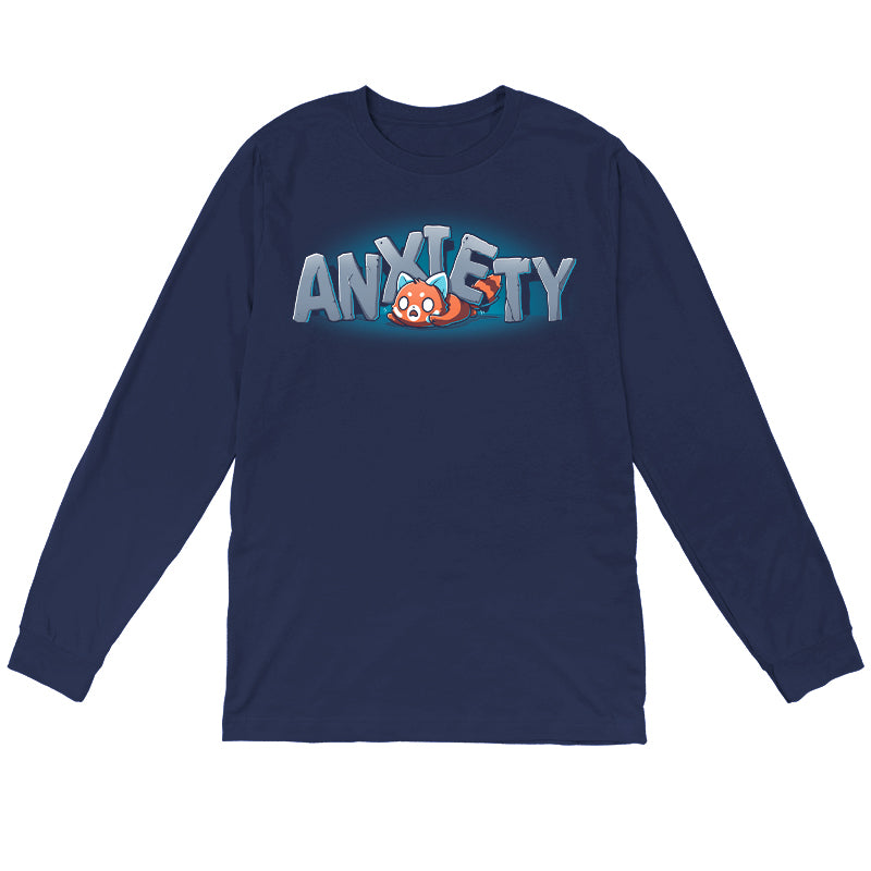 Long Sleeve T-shirt_TeeTurtle Crushing Anxiety navy blue design featuring an anxious red panda being squished under giant letters made of stone that spell "Anxiety" on top of his body. 