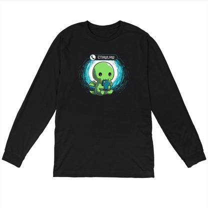 Long Sleeve T-shirt_TeeTurtle Cthulhu Calling black t-shirt featuring a Cthulhu holding a smartphone and looking at the screen with an incoming call notification displaying "Cthulhu" at the top.