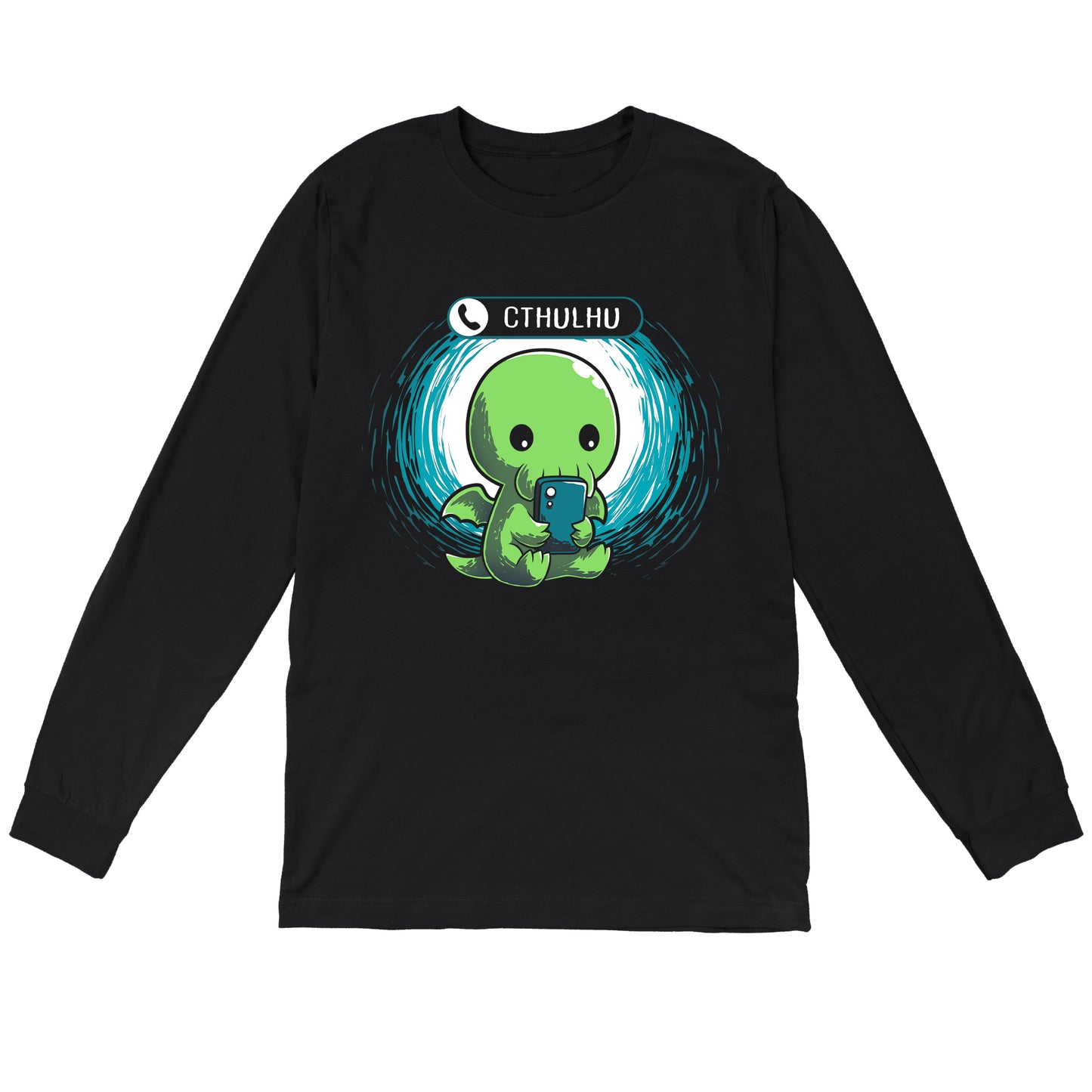 Long Sleeve T-shirt_TeeTurtle Cthulhu Calling black t-shirt featuring a Cthulhu holding a smartphone and looking at the screen with an incoming call notification displaying "Cthulhu" at the top.