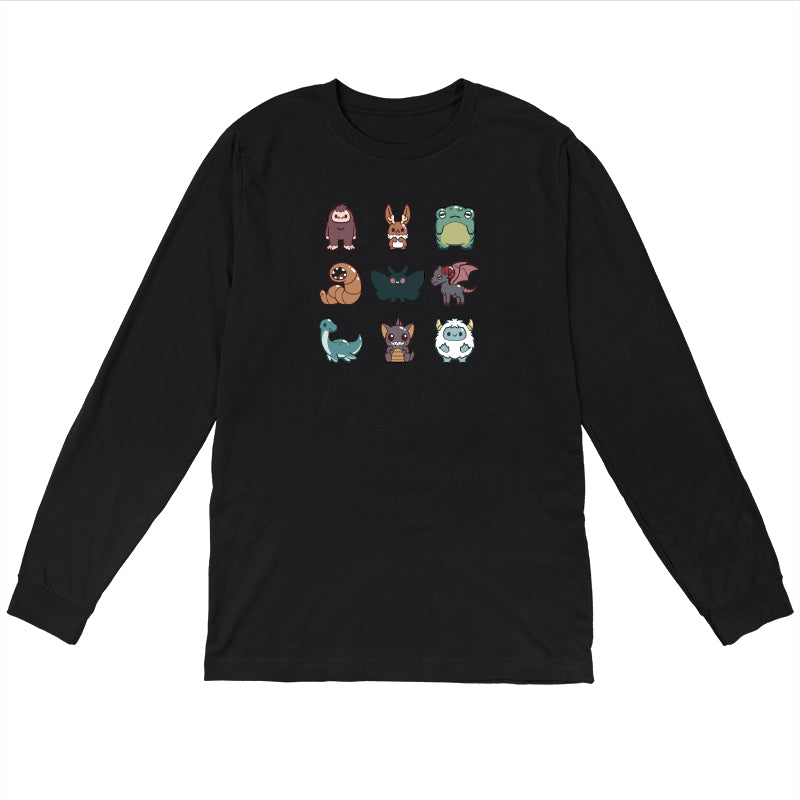 Long Sleeve T-shirt_TeeTurtle Cute Cryptids black t-shirt featuring a grid of cute cryptids, featuring a bigfoot, bunny, frog, worm, moth, winged goat, aquatic dinosaur, bat, and yeti.