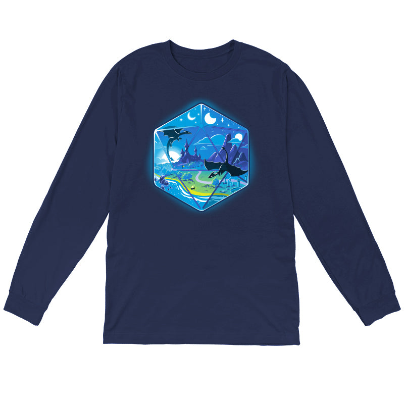 Long Sleeve T-shirt_Illustration of a fantasy world within a hexagonal frame, featuring flying dragons, a castle, mountains, a river, and both the sun and moon in the sky. Perfect for your monsterdigital D20 Landscape apparel collection in super soft ringspun cotton.